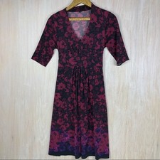 T Tahari Maroon Black Floral Print Stretch V-Neck A-Line Knee Length Dress XS