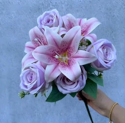 Spring Color Bouquet: 9-Stem Mixed Roses & Lilies with Roses - Fresh Cut Flower