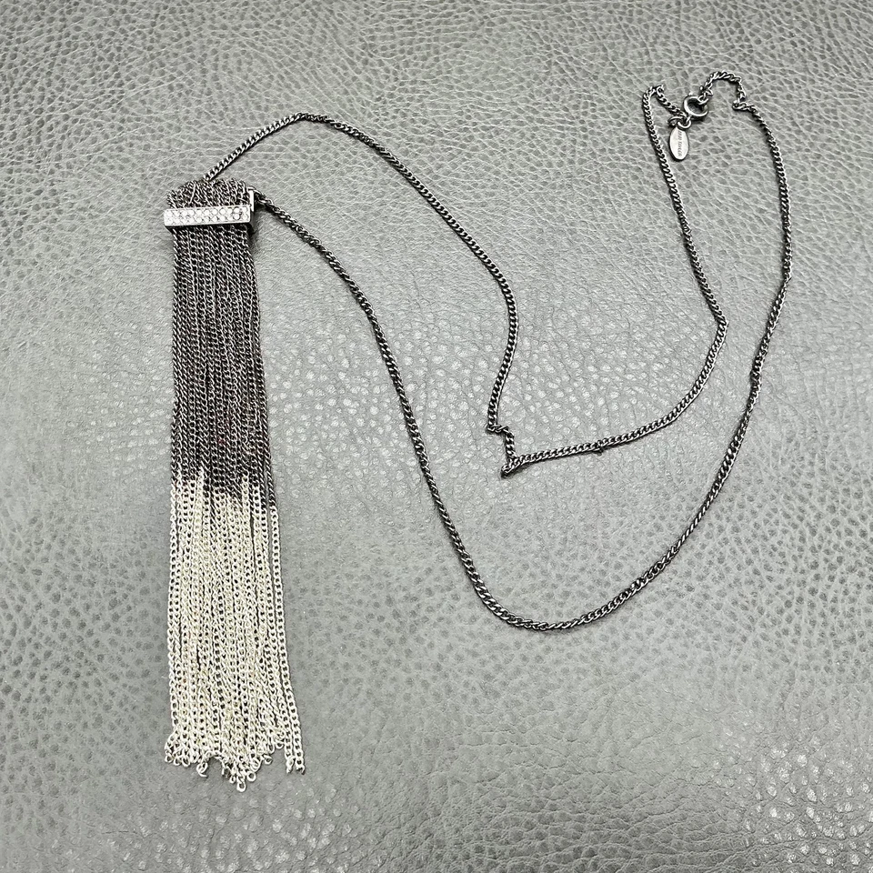 Collar Ann Taylor Largo Tono Plata Cadena Flecos Borla Cristal Barra Colgante Foto 2 de 4