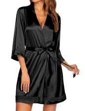 Women's Lace-Trim Silk Robes Bride Bridesmaid Kimono Satin Bathrobe V Neck Sl