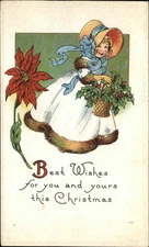 Christmas Bonnet Girl Basket of Holly Embossed c1900s-20s Postcard