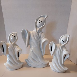 Halloween Ghost Figurines 3 Ceramic Handmade Painted Decorations...vintage