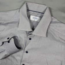 Eton Slim Fit Dress Shirt Micro Dot AOP Navy Blue White Men's 43 17 Career Work