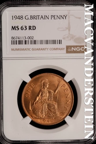 Great Britain: 1948 One Penny - NGC MS 63 RD - Brilliant Uncirculated  #SLi352