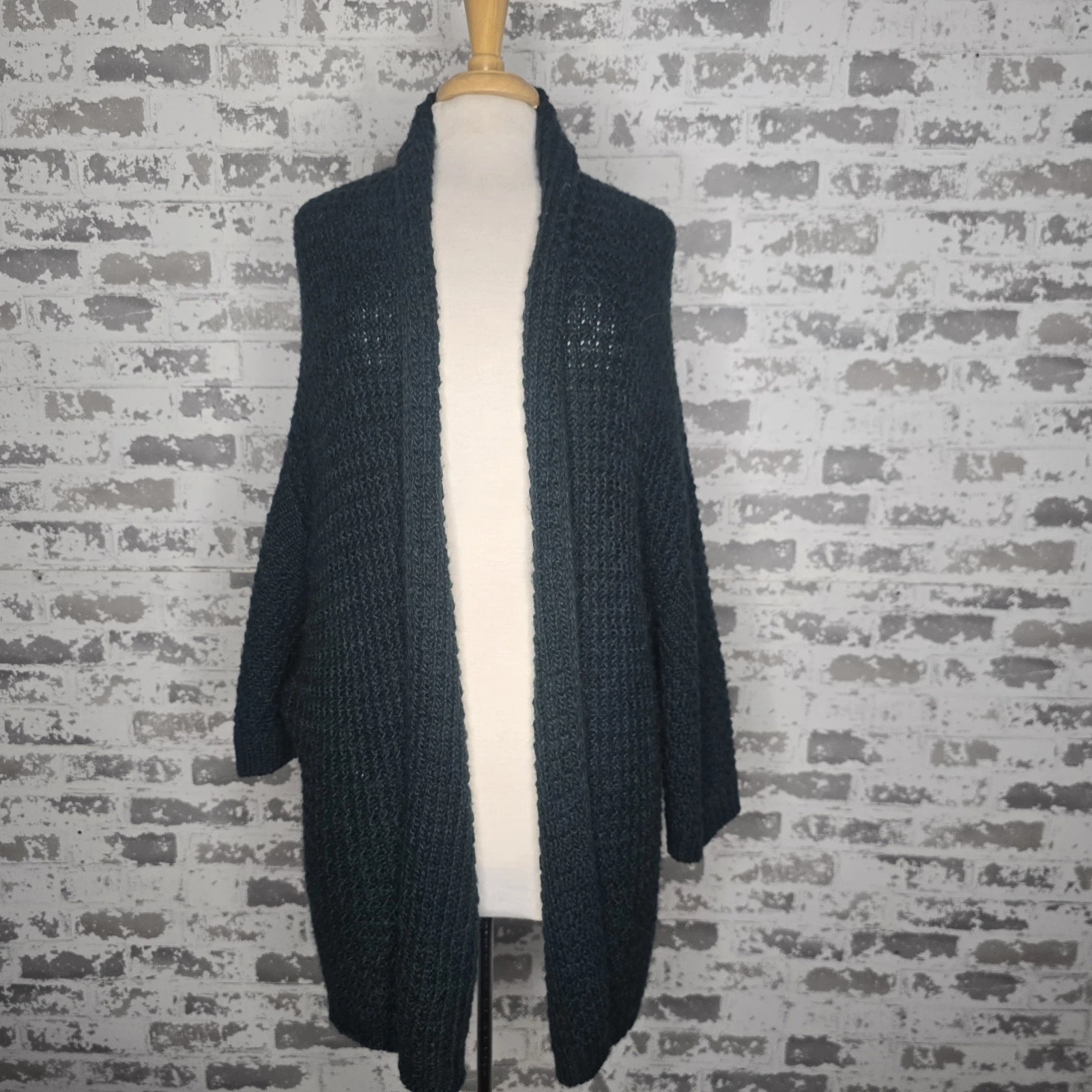 Joan Vaas Poncho Sweater Womens 1X Plus Size Dark Green Open Knit Dolman Sleeve