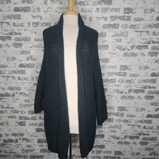 Joan Vaas Poncho Sweater Womens 1X Plus Size Dark Green Open Knit Dolman Sleeve