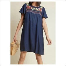 Modcloth Size S Mini Shirt Dress Navy Blue Embroidered Floral Rayon Shift