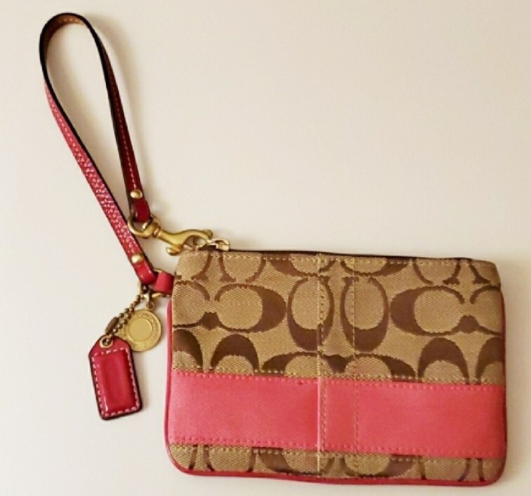 Coach Signature C Brown with pink Stripe wristlet Top… Gem