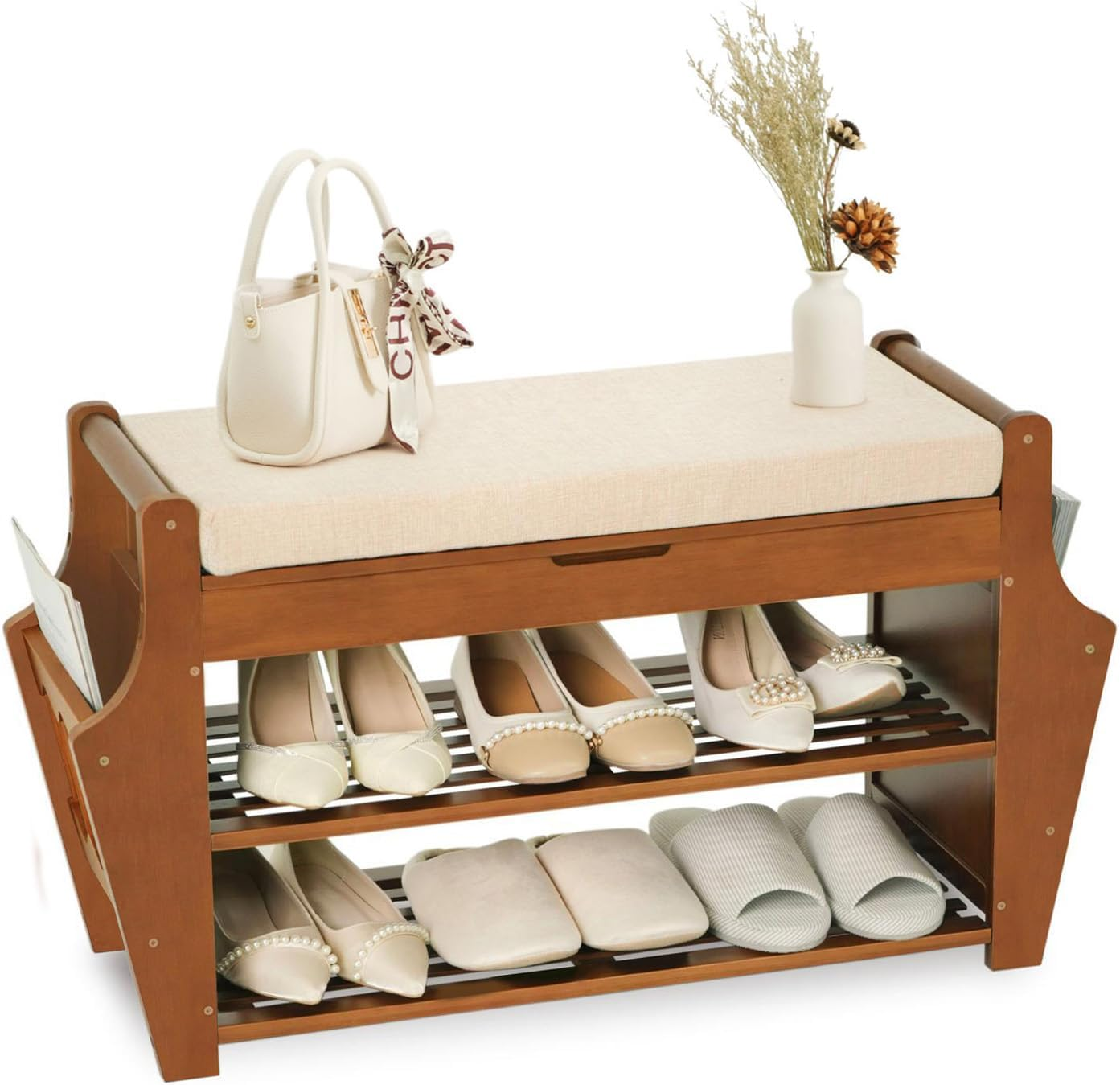 2 Tier Bamboo Shoe Rack Bench with Storage for Entryway Organization  