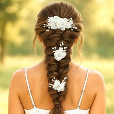 Bridal Flower Hair Pins Set 3pcs Wedding Ivory Floral Rhinestone Pearl Silver...