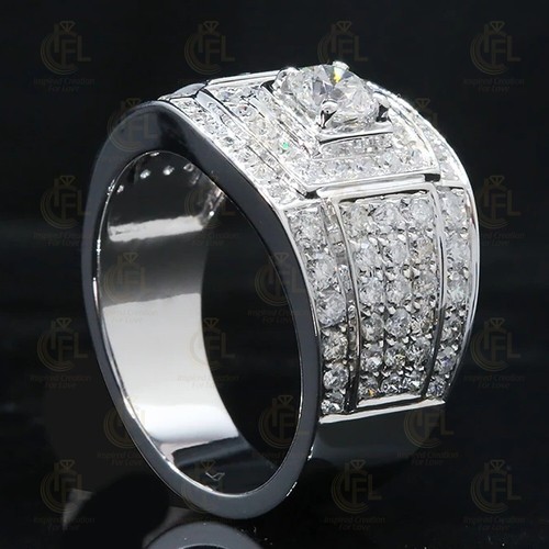 1.6Ct Round Cut VVS1 Moissanite Men's Halo Engagement Ring 14k White Gold Plated - Picture 3 of 9