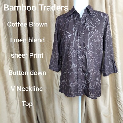 Bamboo Traders Linen Blend Sheer Print Button Down Top Size M