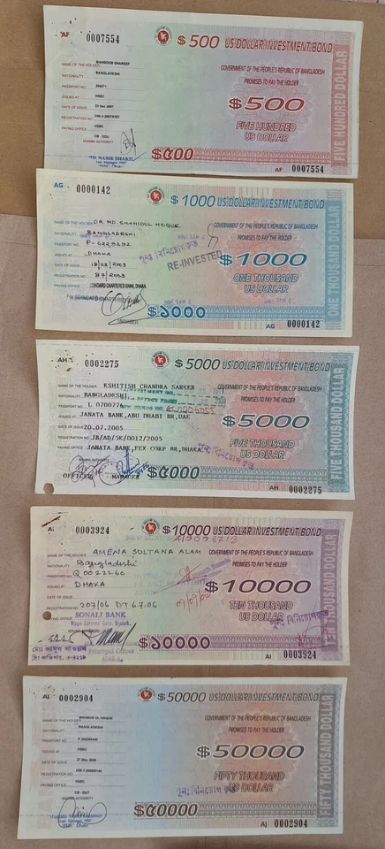 Rare Collection of Bangladeshi US Dollar Investment Bonds - $500 to $50,000 Set - Image 2 of 3
