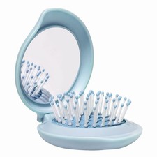 Blue Mini Hair Brush with Mirror for Purse Folding Travel Pocket Hairbrush