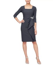Alex Evenings Square Neck Cascade Skirt Sheath Dress Size 10 Charcoal Gray $239