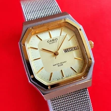 Casio Portal Bezel Watch Tank Day Date Rare Two Tone + Bracelet MQ-900GW Cal 328