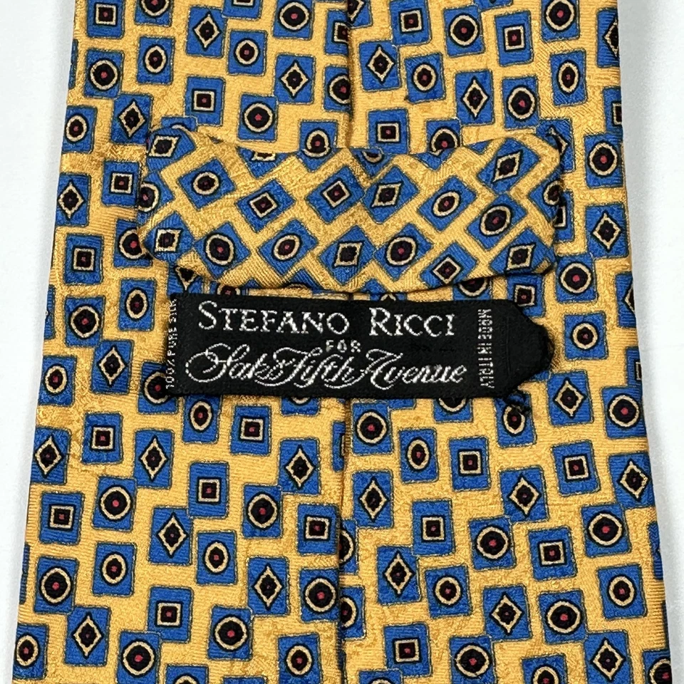 Corbata Stefano Ricci 100 % seda para hombre dorada azul geométrica hecha en Italia XL 4" X 60"+ Foto 4 de 4