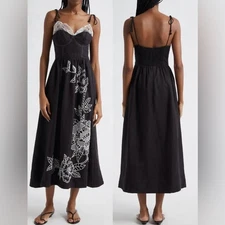 NEW FARM RIO Richelieu Crochet Lace Linen Black Midi Sundress Sz S 4-6