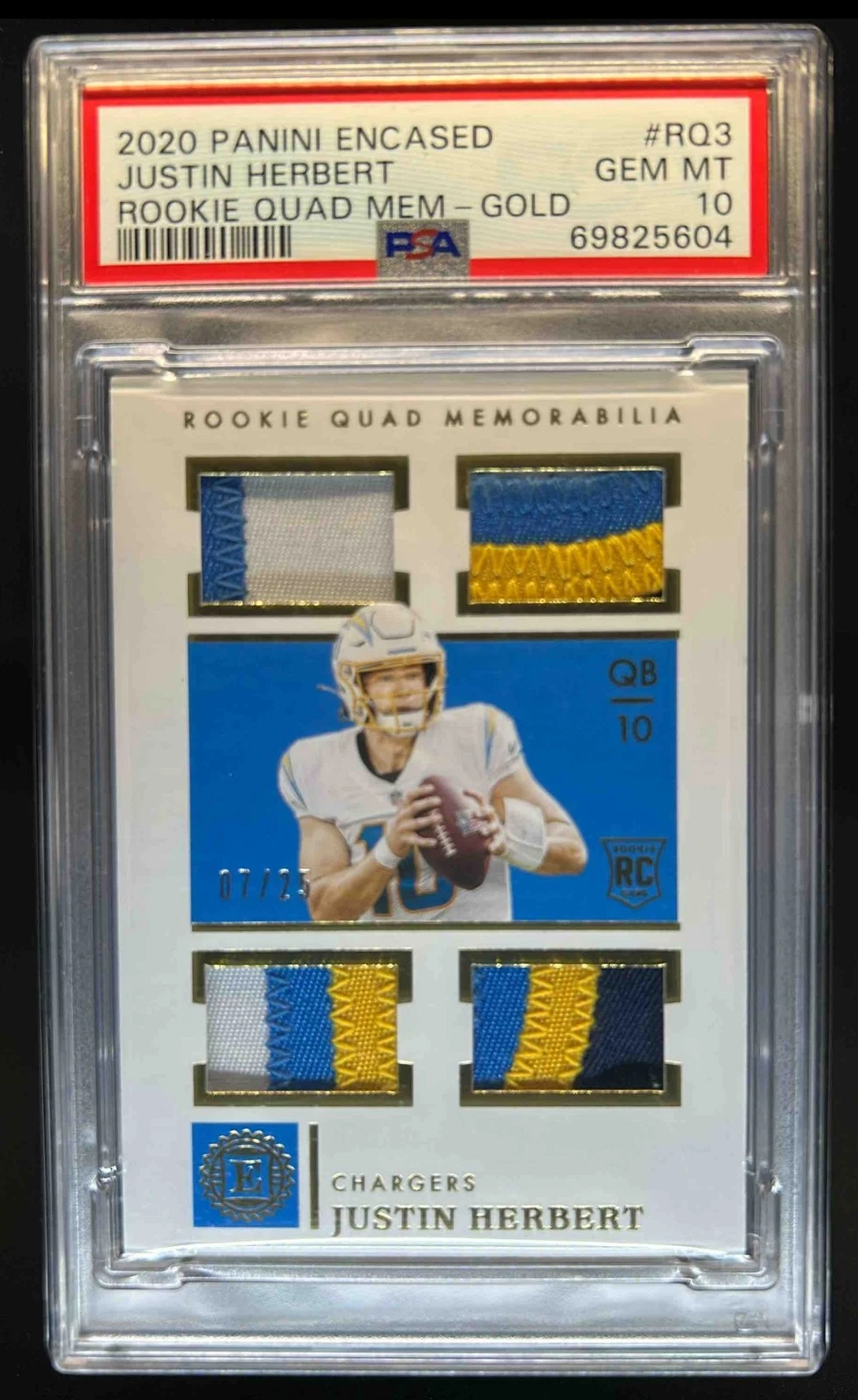 Justin Herbert Panini Encased Rookie Quad Memorabilia #RQ3 Gold