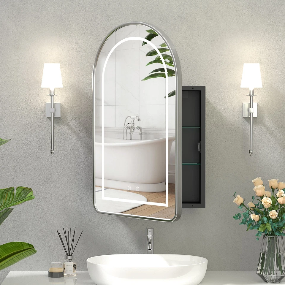 Armario con espejo de baño arqueado iluminado de 20x31 pulgadas con almacenamiento, regulable, desempañador Foto 4 de 4