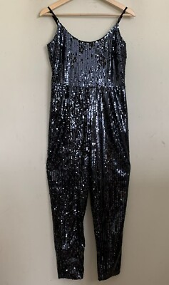 ASOS Jumpsuit Navy Blue Sequin Cami Adjustable Straps Tapered Leg