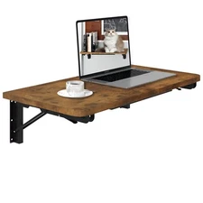 Wall Mounted Desk, Brown Folding Desk for Small Spaces Floating Shelf Organizer.