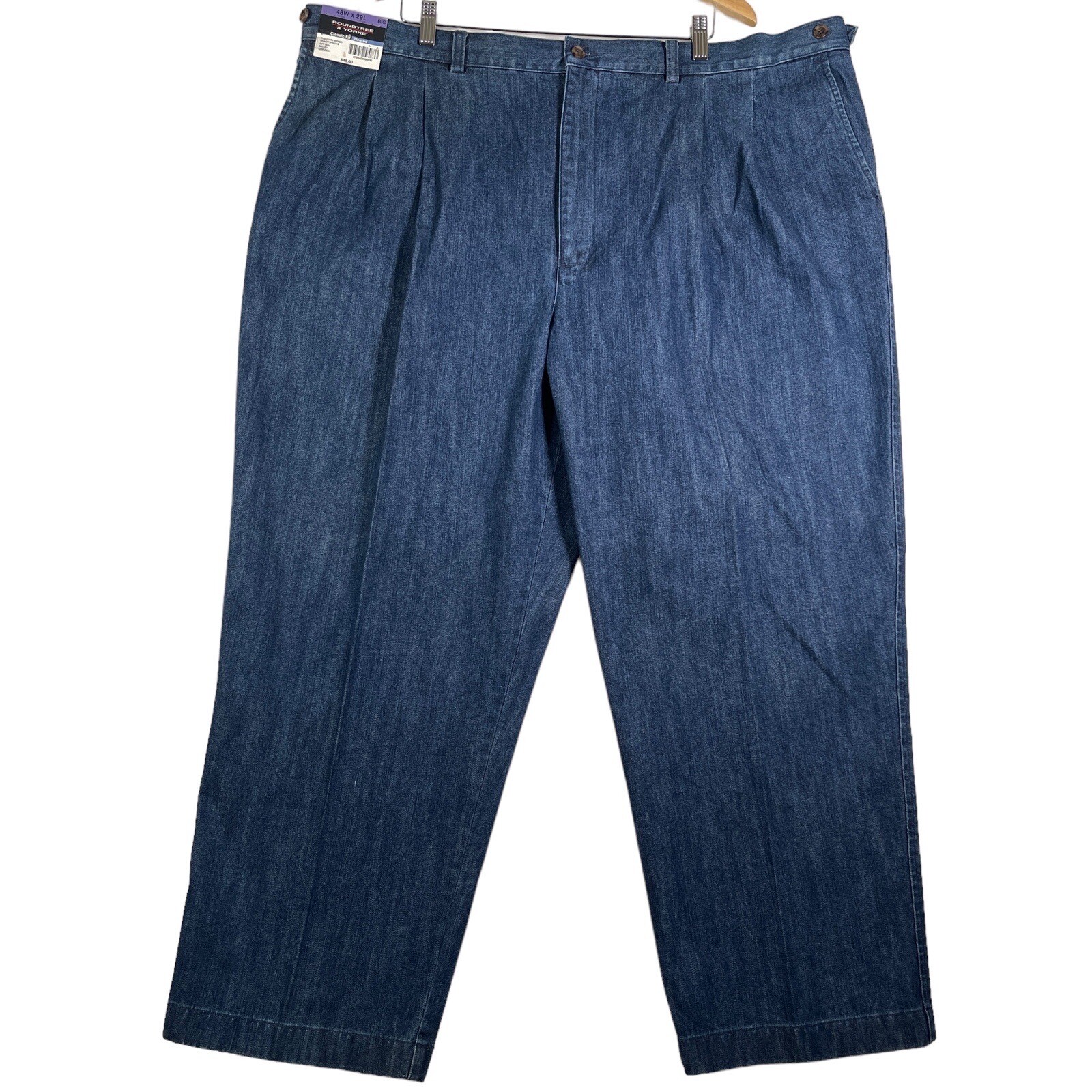 Roundtree & Yorke Mens Denim Pleated Pants Size 48x29 Big Blue Straight