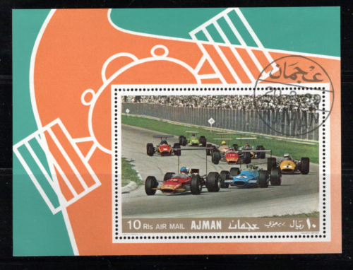 FS683 Ajman 1969 Used Airmail Souvenir Sheet of Open Wheel Car Racing - Picture 1 of 1