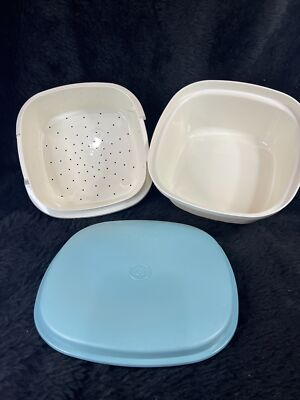 Vintage 3 Piece Tupperware Teal Lid Microwave Steamer & Storage 3 Qt 888-11
