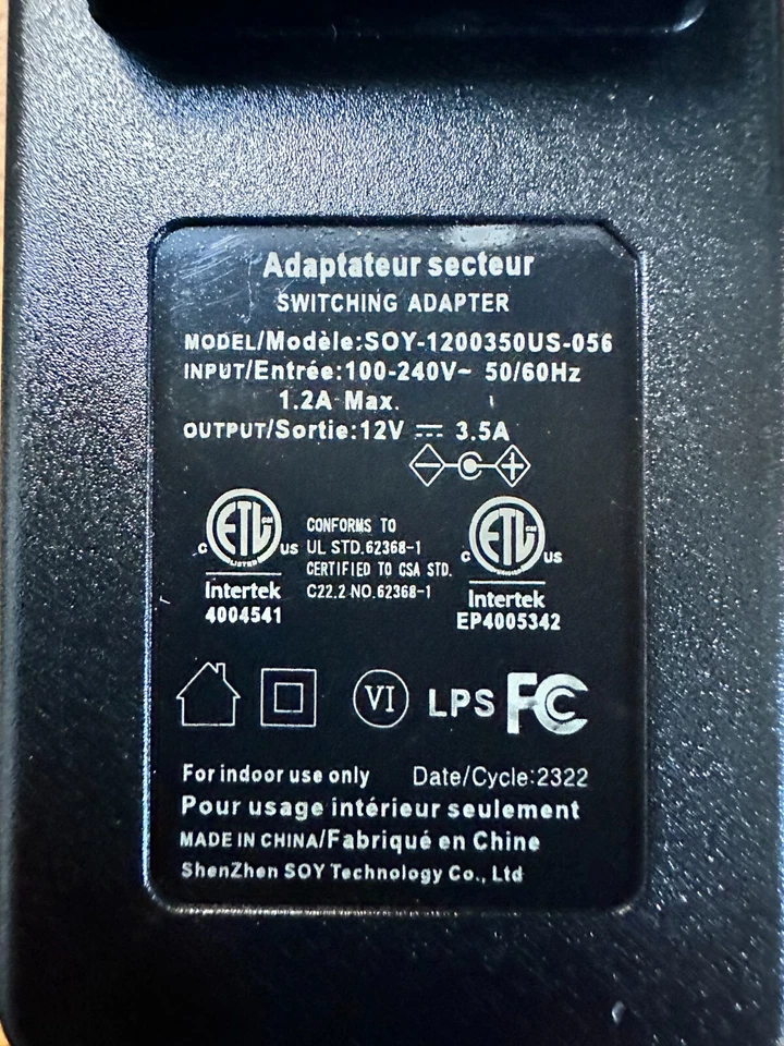 Monitor 12V 42W Power Adapter SOY-1200350US-056 - Image 2 of 3