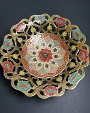 Vtg Multi Color Lacquered Brass Cut Out Footed Pedestal Bowl, 8”-Made In India