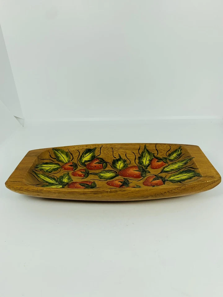 Bandeja de fresa de madera tallada pintada a mano plato arte popular casa núcleo de colección Foto 3 de 4