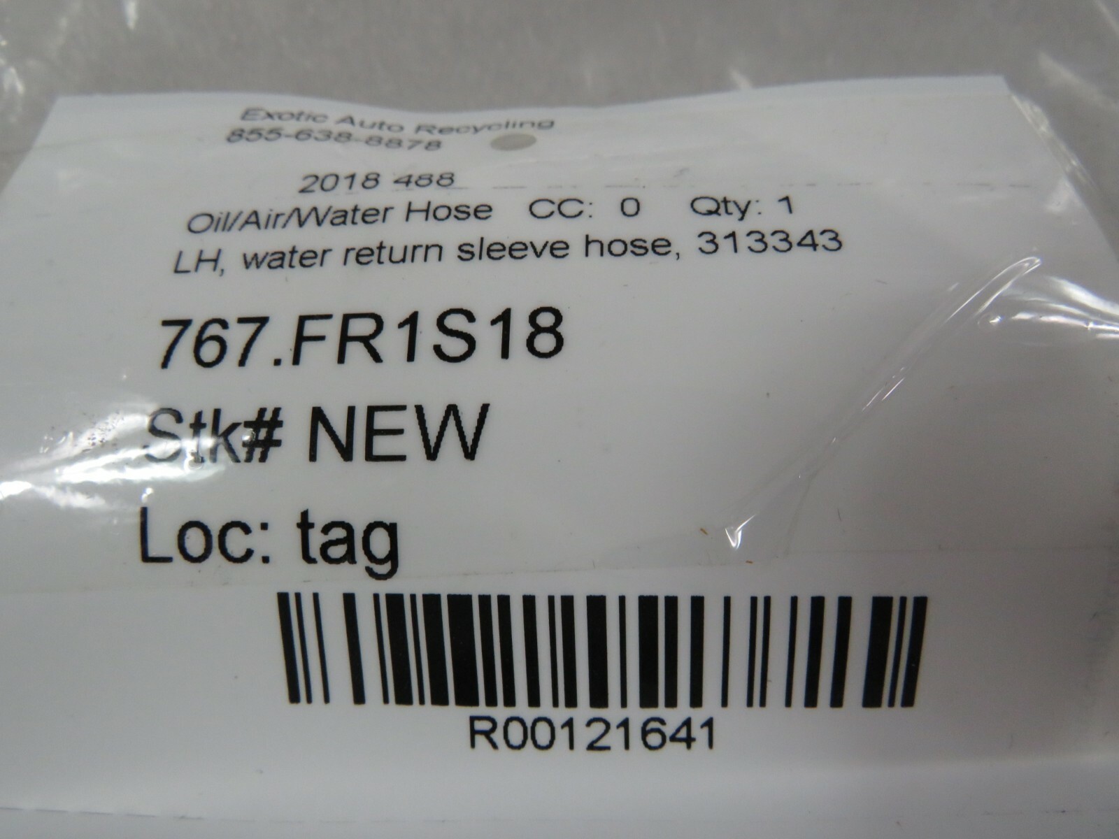 Ferrari 488, LH, Left Water Return Sleeve Hose, New, P/N 313343