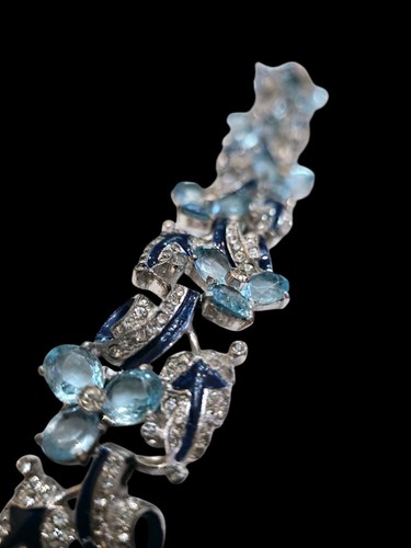 Vintage 1930s Rhodium-Plated Blue Enamel Trillium Bracelet Attributed to Mazer - Picture 7 of 13