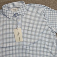 Collars and Co Men Dress Collar Stretch Polo Shirt Size M Thin Blue Check Office