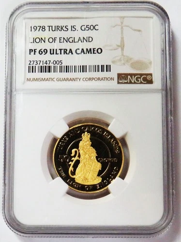 1978 GOLD TURKS & CAICOS 261 MINTED 50 CROWNS LION OF ENGLAND NGC PROOF 69 UC