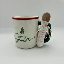 Sleigh Bell Bistro Christmas "Let it Snow" 17oz Ceramic Mug with Wooden Spoon