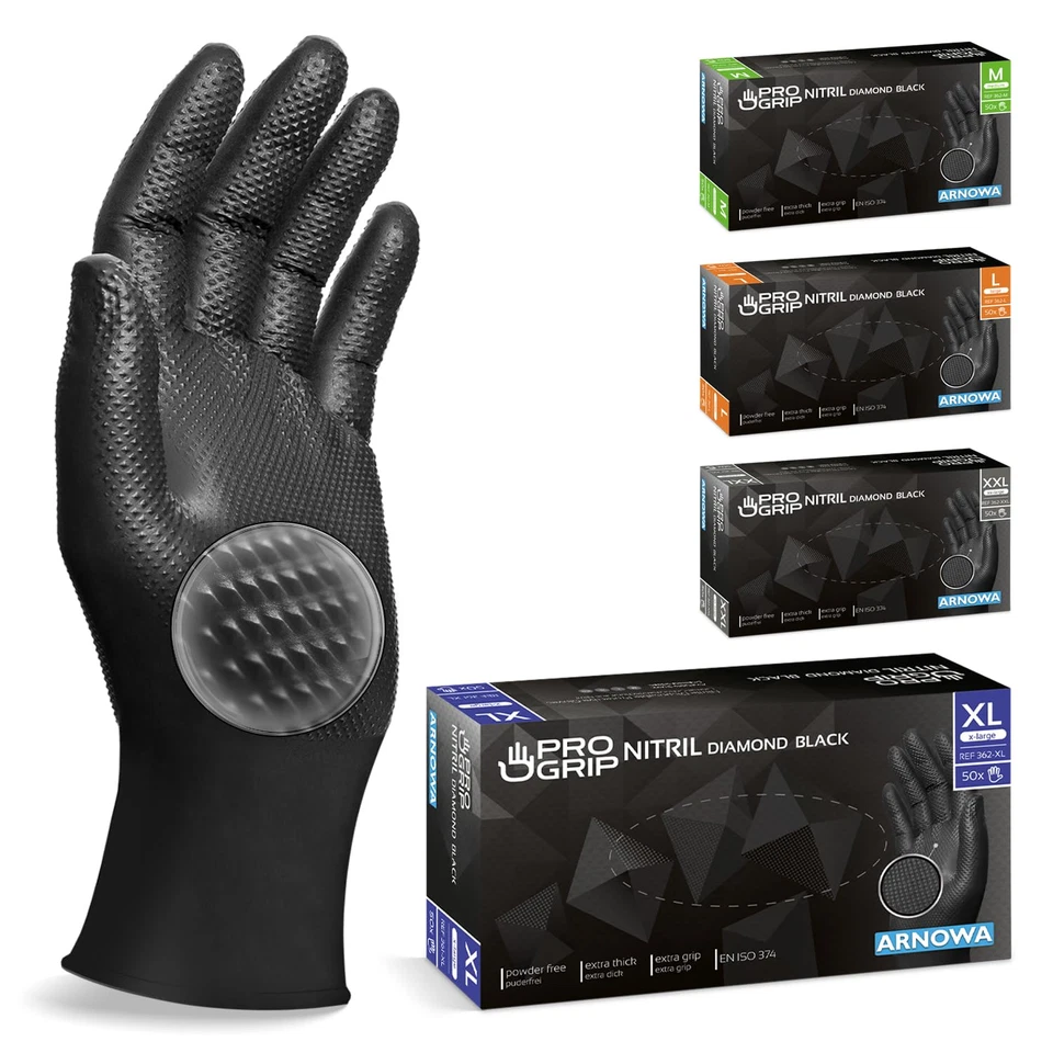 PROGRIP Nitrilhandschuhe XL schwarz extra stark Diamant Grip 50 Stück