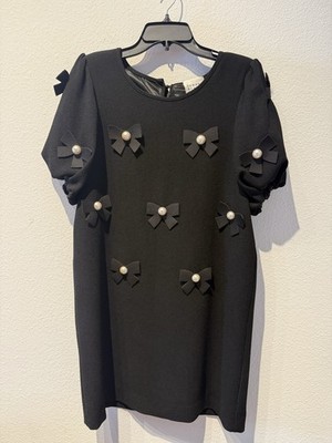 EDWARD ACHOUR PARIS Black Short Sleeve Dress Pearls & Bows Coquette Romantic