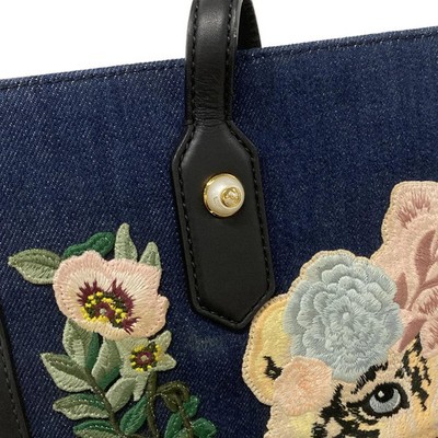 GUCCI Tiger Embroidery Tote Bag 456545 Navy Black Multi Denim