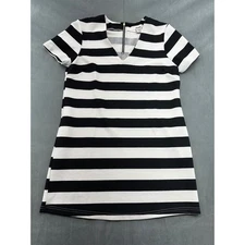 Sans Souci Black and White Striped Dress Short Sleeve V Neck Mini