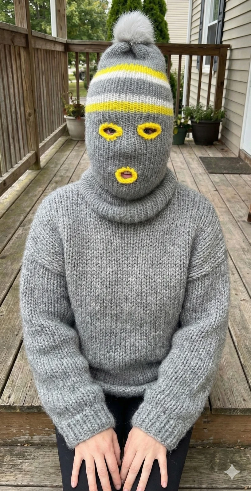 Ski Mask Balaclava Gray Yellow White 3 Hole Double Layer Warm Winter Hat Mohair