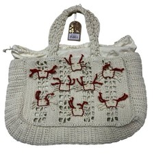 Handcrafted Crochet Tote Bag Cream Red Crab Coastal Beach Bag Drawstring Lining