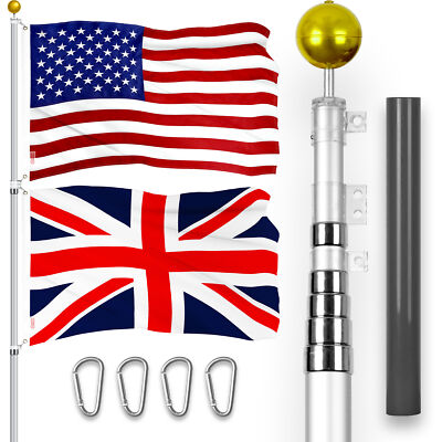 20Ft Telescoping Flagpole SV & American and United Kingdom Flags Emb 300D 3x5Ft