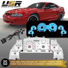 BLUE/GREEN Glow Gauge White Overlay For 94-95 Ford Mustang GT 150MPH Cluster