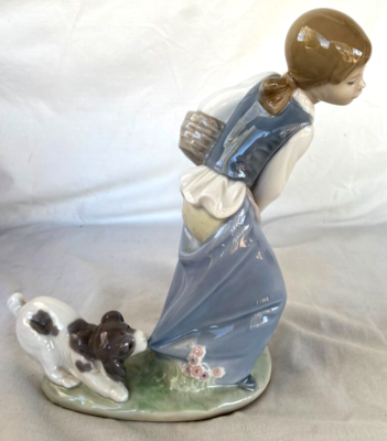 Lladro 4982 Naughty Dog Girl w Basket & Dog Fine Glazed Porcelain