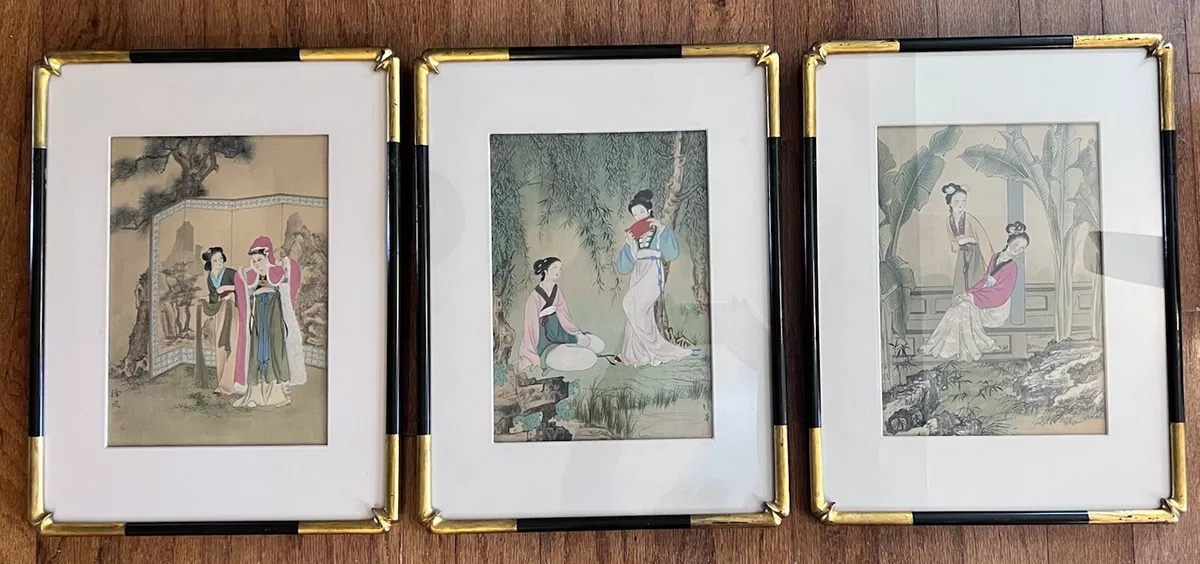 Pair Framed Antique/Vintage Chinese Wall Art Works - Beauties Playing Music