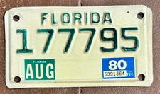 Florida 1980 MOTORCYCLE License Plate # 177795