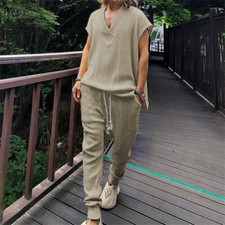 Men Summer Outfit 2-Piece Set Short Sleeve Shirt and Pants Sweatsuit Set