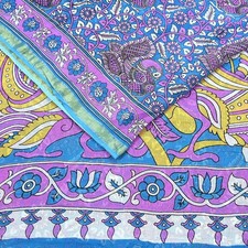Indian Vintage Sari Blue  Purple Kalamkari Printed Pure Cotton Saree Fabric 5yd